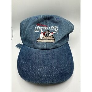 blue denim baseball cap embroidered logo "Century Lanes."